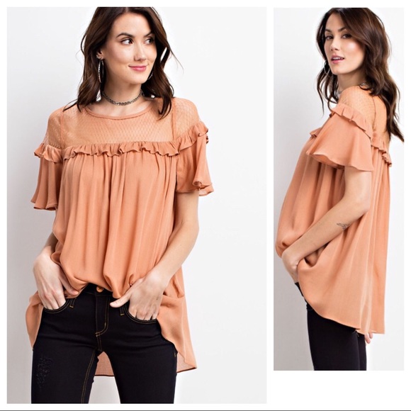 Ruffle Mesh Detail Tunic Top - Picture 2 of 8